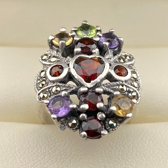 Heart Shaped Multi Gemstone Garnet Citrine Amethyst Sterling Silver Ring Sz. 5 - Picture 11 of 15